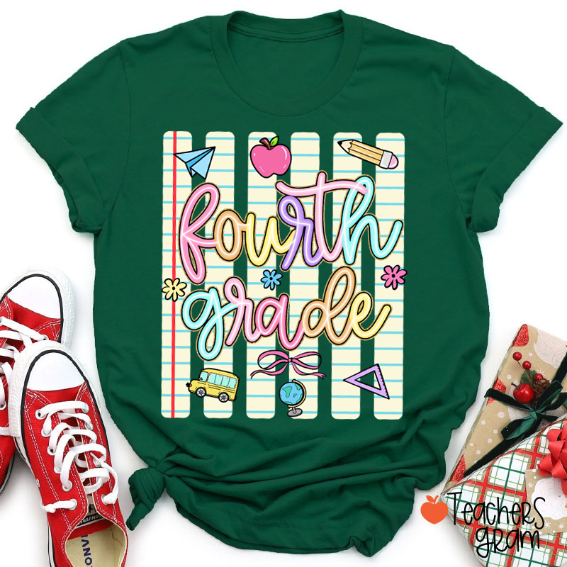 Personalized Grade Notebook Stripes Cute Icons Teacher T-Shirt