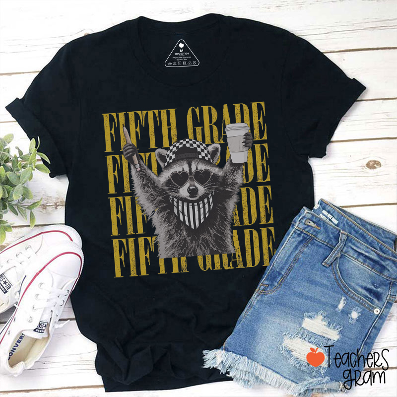 Personalized Grade Cool Raccoon Coffee Teacher T-Shirt