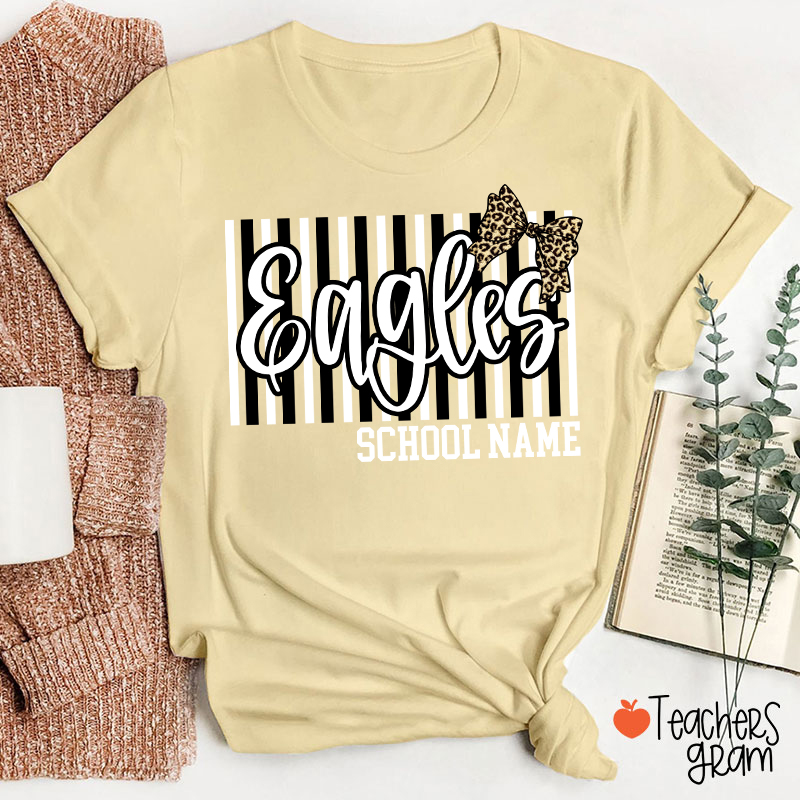 Personalized School Mascot Stripe Leopard Bow Teacher T-Shirt