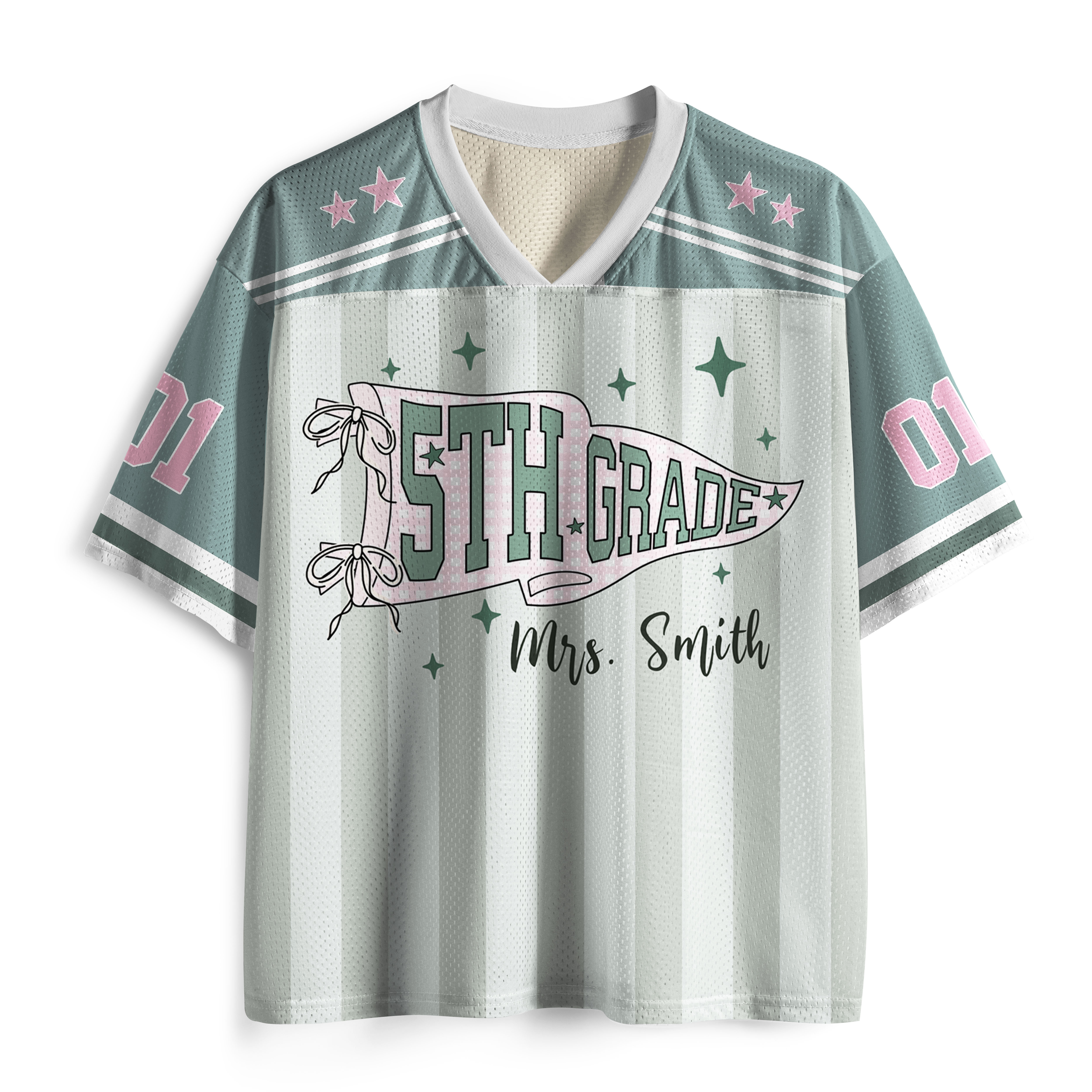 Personalized Grade And Name Striped Pennant Bow Star Teacher Mesh Jersey