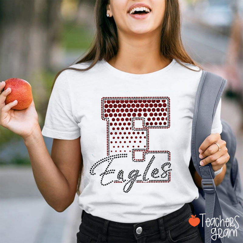 Personalized Mascot Rhinestone Varsity Letter Script Teacher T-Shirt
