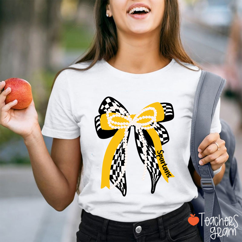 Personalized Mascot Cute Bow School Spirit Graphic Teacher T‑Shirt