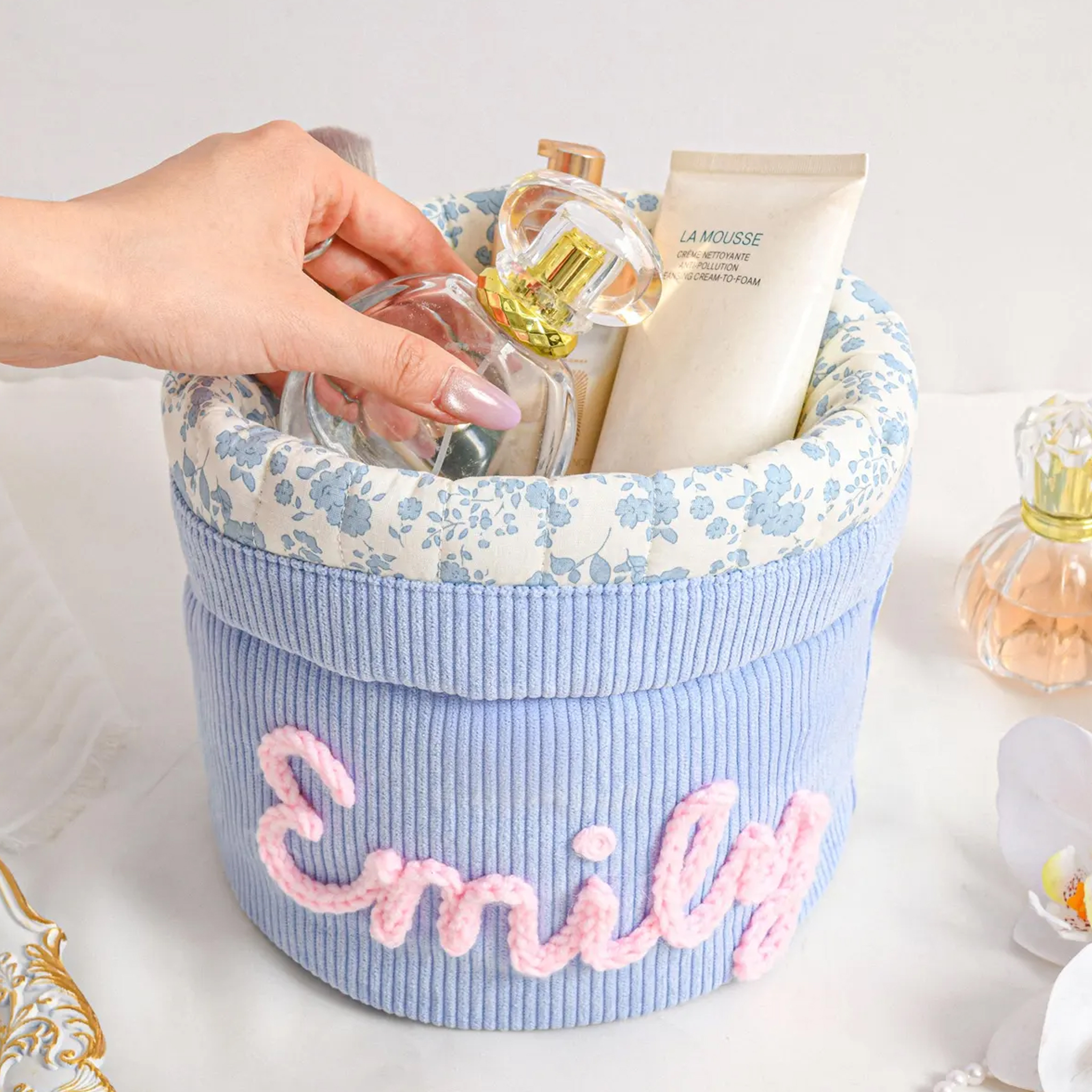 Personalized Embroidered Corduroy Cylindrical Makeup Bag