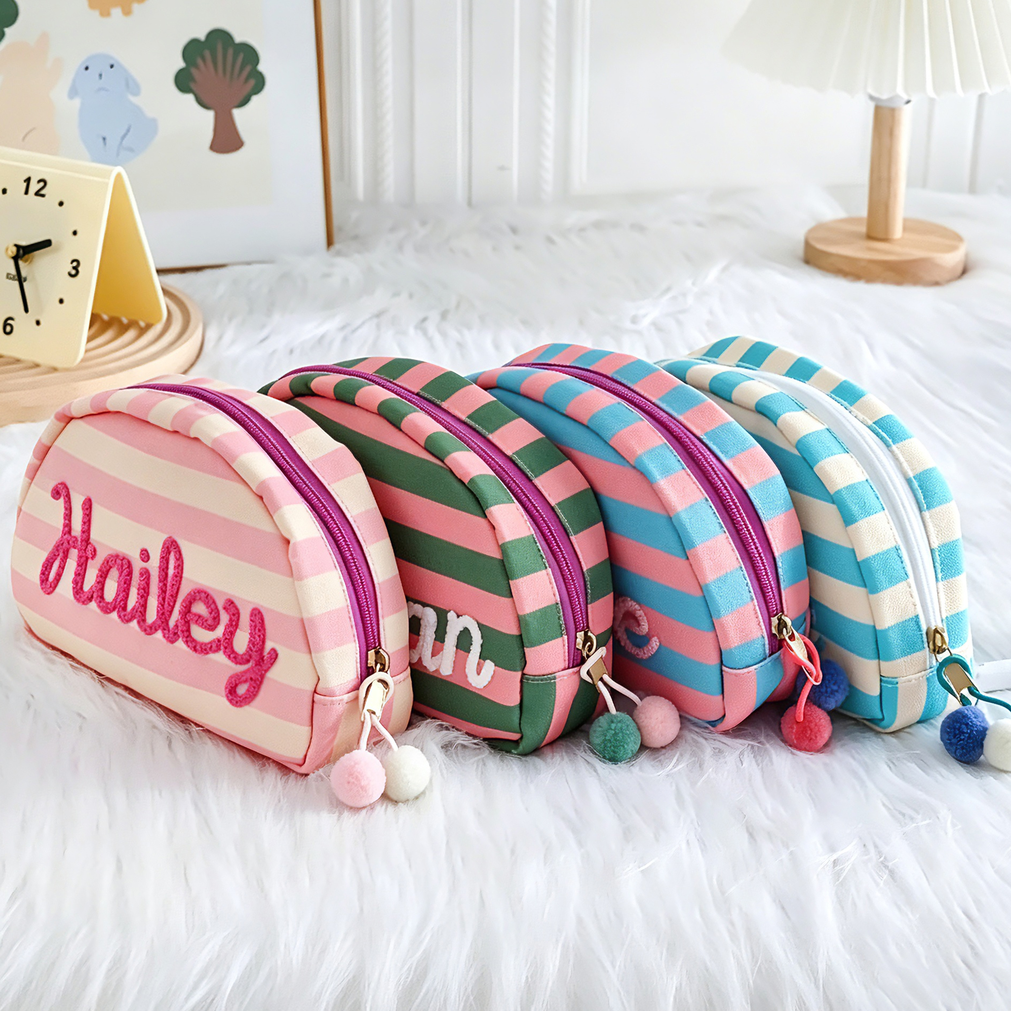 Personalized Embroidered Striped Shell Makeup Bag