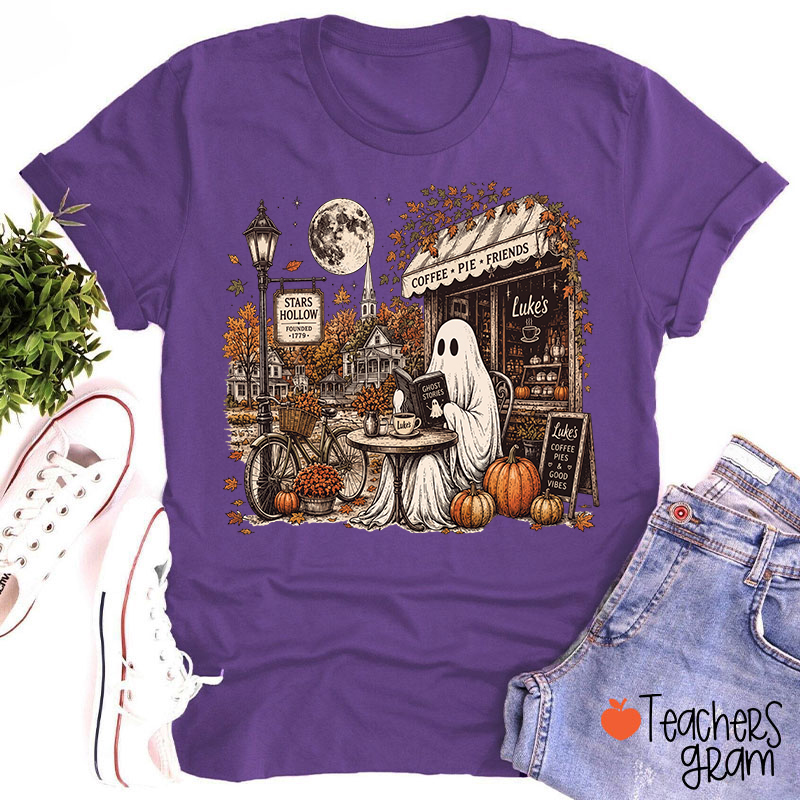 Ghost Reading At Coffee Shop Halloween Teacher T-Shirt