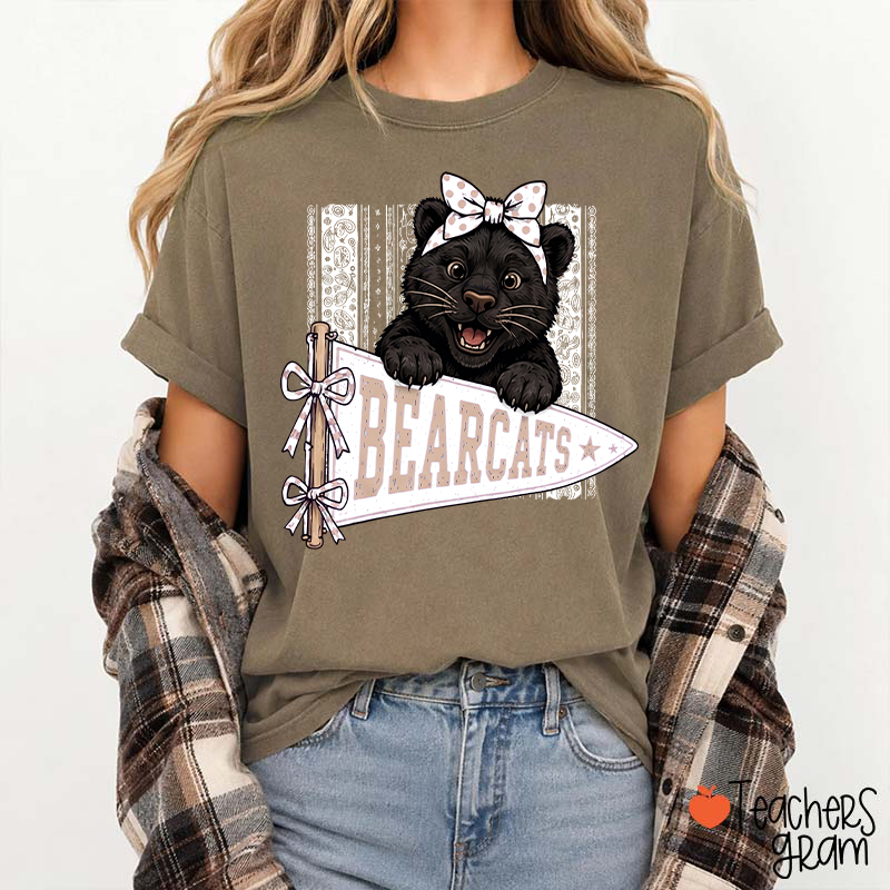 Personalized Mascot Bow Pennant Paisley Striped Graphic Teacher T‑Shirt