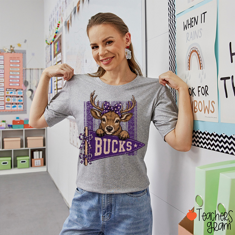 Personalized Mascot Bow Pennant Paisley Striped Graphic Teacher T‑Shirt