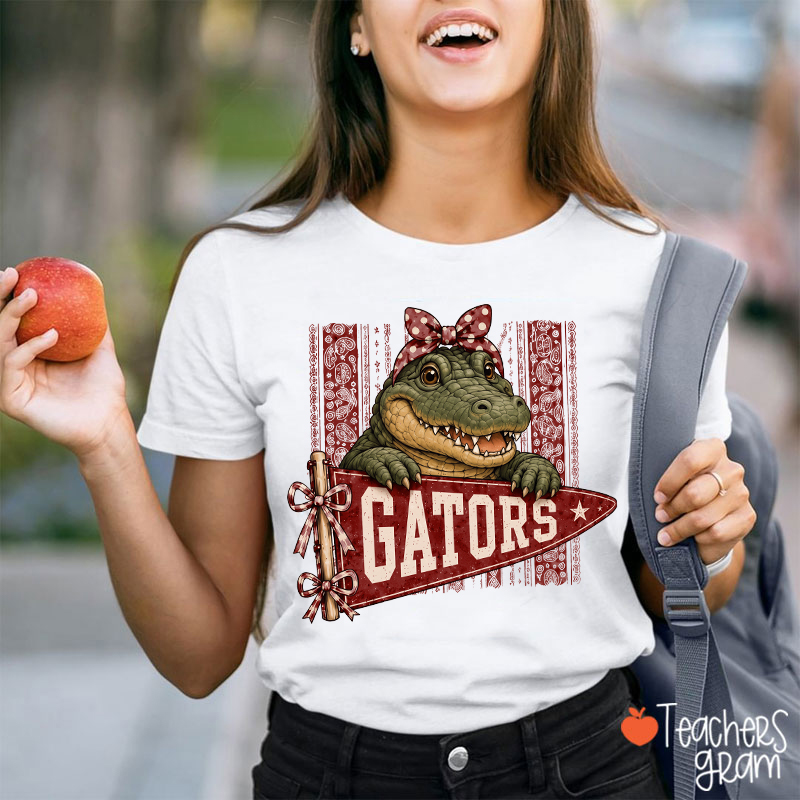 Personalized Mascot Bow Pennant Paisley Striped Graphic Teacher T‑Shirt