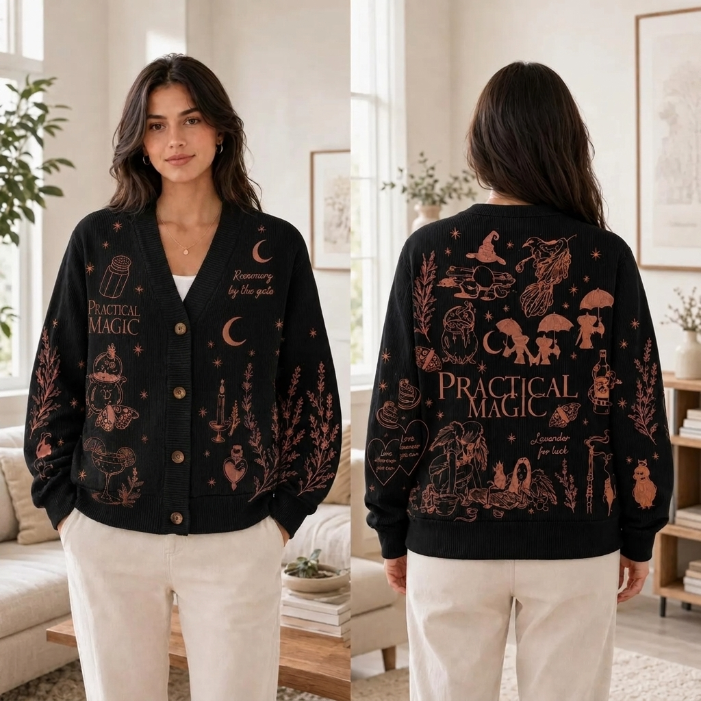 Dark Academia Practical Magic Herbal Moon Star Graphic Teacher Ugly Cardigan Sweater
