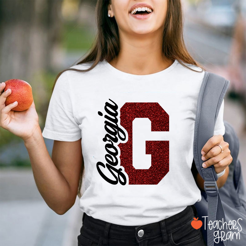 Personalized Mascot Initial Glitter Print Puff Printed Teacher T‑Shirt