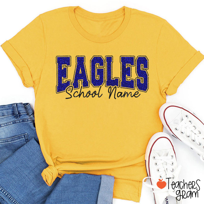 Personalized Mascot School Name Glitter Teacher T‑Shirt