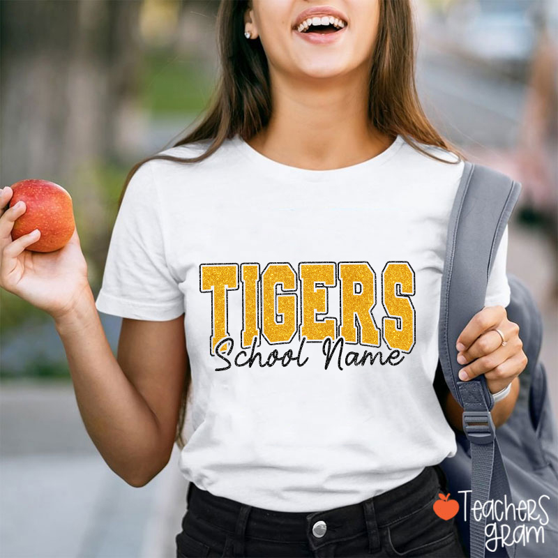 Personalized Mascot School Name Glitter Teacher T‑Shirt