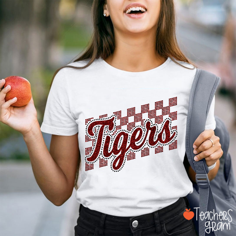 Personalized Mascot Glitter Checkered Script Teacher T‑Shirt