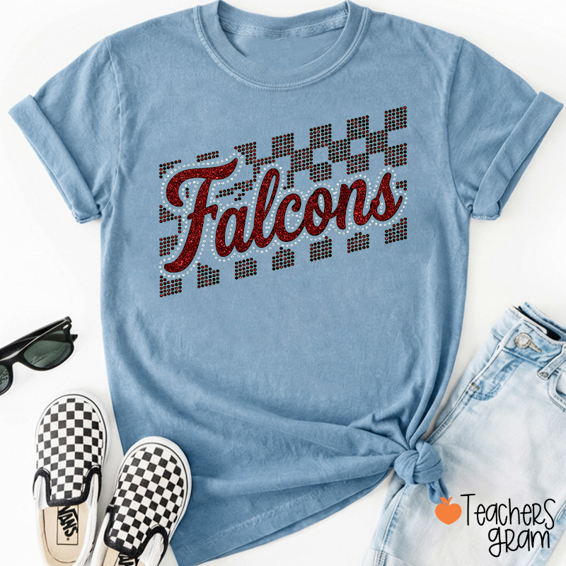Personalized Mascot Glitter Checkered Script Teacher T‑Shirt