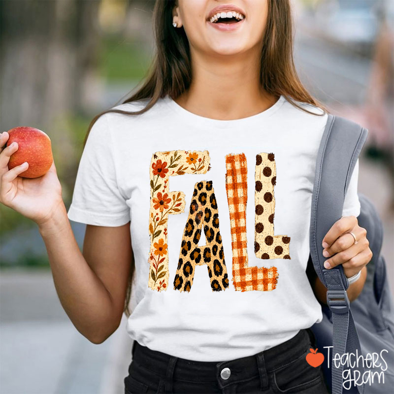 Vintage Patchwork Fall Letter Teacher T‑Shirt