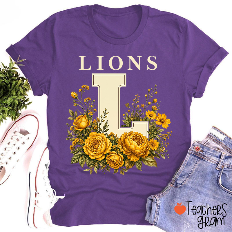 Personalized Retro Floral Large Initial Letter College Team Mascot Print Teacher T‑Shirt