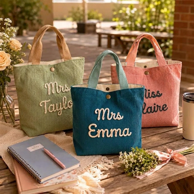 Personalized Name Chunky Yarn Embroidery Corduroy Teacher Lunch Bag