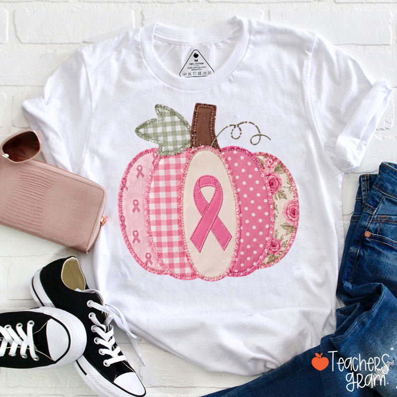 Pink Faux Patchwork Pumpkin Ribbon Teacher T‑Shirt