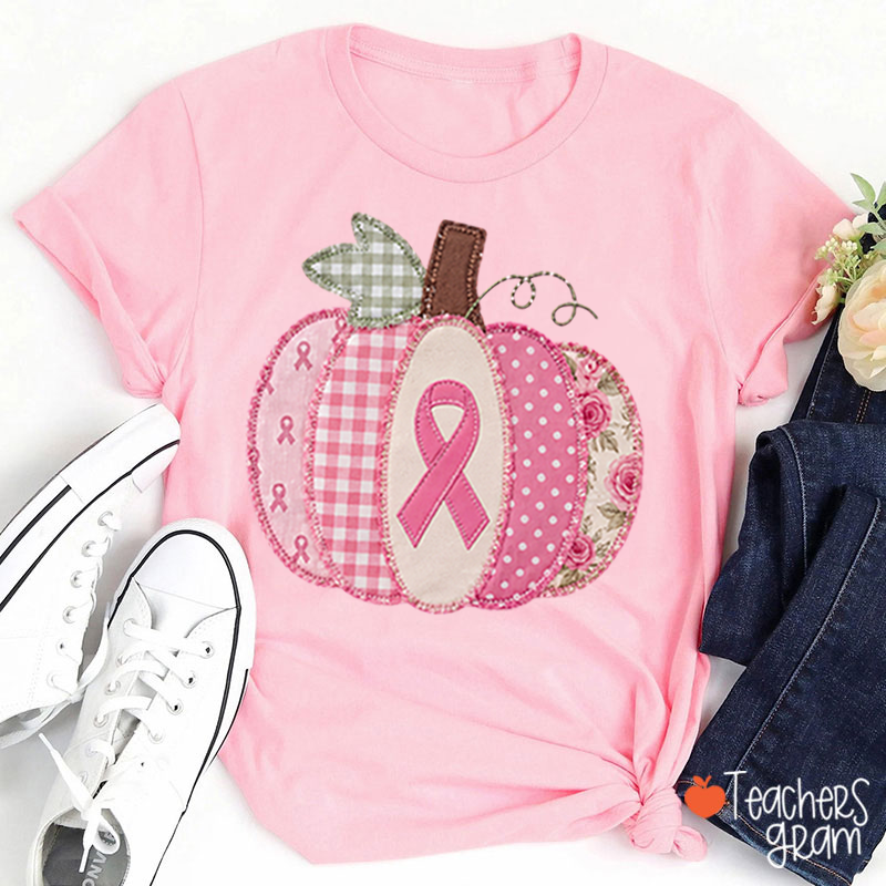 Pink Faux Patchwork Pumpkin Ribbon Teacher T‑Shirt