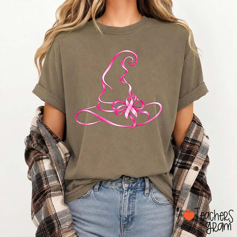 Halloween Witch Hat Pink Ribbon Breast Cancer Support Teacher T‑Shirt