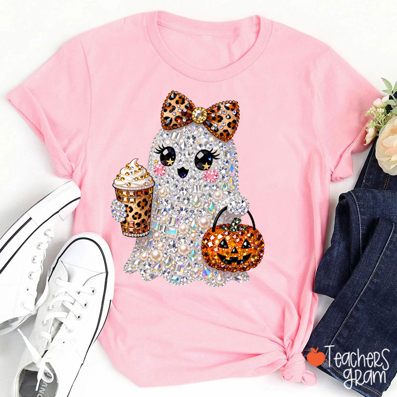 Faux Rhinestone Ghost Leopard Bow Coffee Pumpkin Teacher T-Shirt