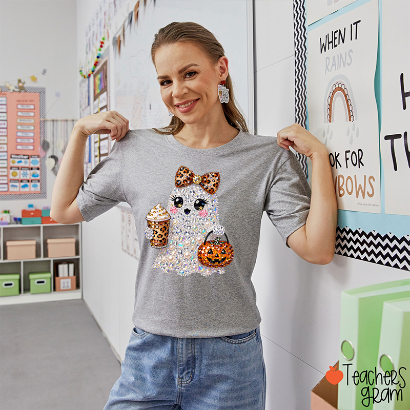 Faux Rhinestone Ghost Leopard Bow Coffee Pumpkin Teacher T-Shirt