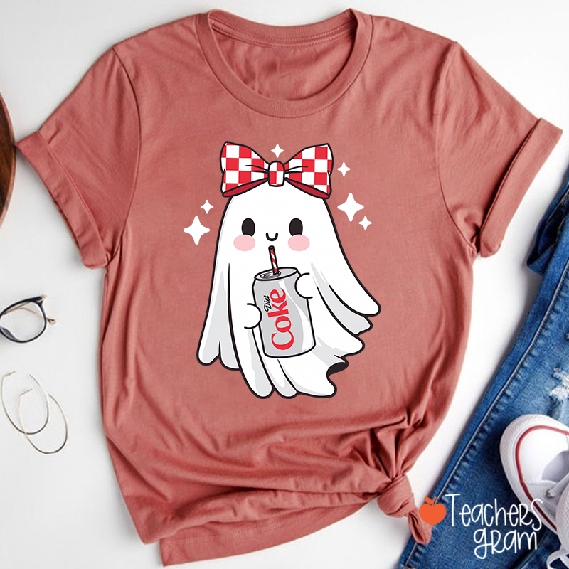 Cute Ghost With Red Checkered Bow Soda Drink Halloween Teacher T-Shirt