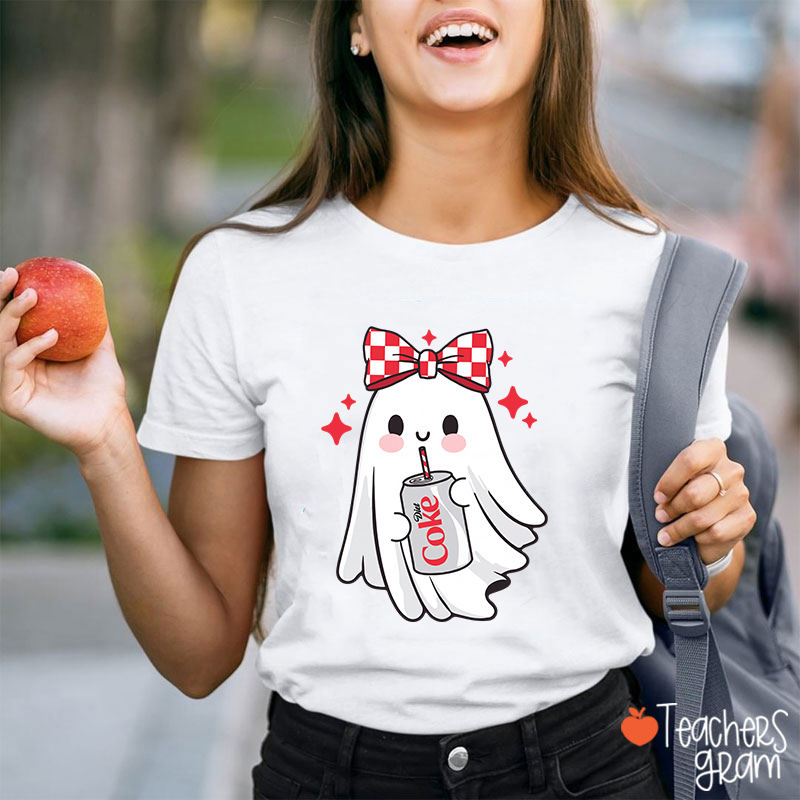 Cute Ghost With Red Checkered Bow Soda Drink Halloween Teacher T-Shirt