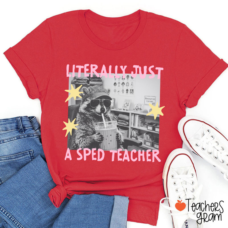Literally Just A SPED Teacher Raccoon Bubble Tea Teacher T-Shirt