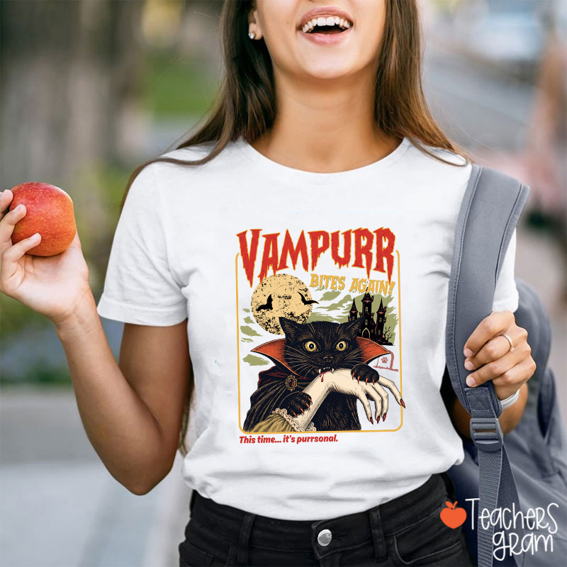 Vampurr Bites Again Vampire Black Cat Halloween Teacher T-Shirt