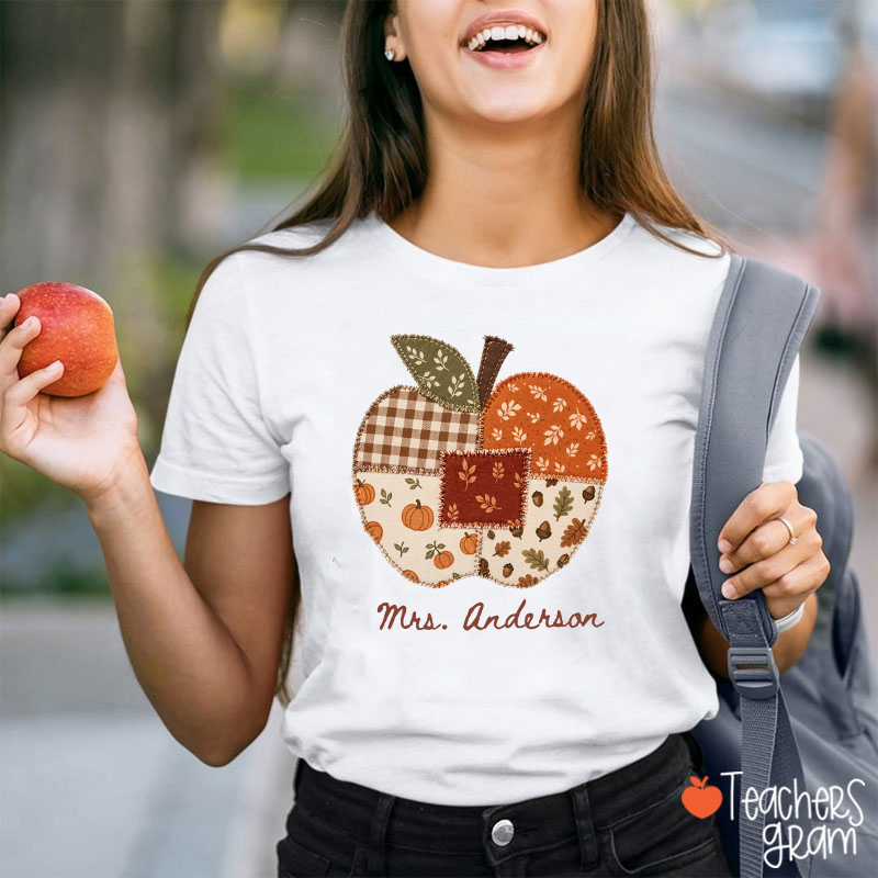 Personalized Name Faux Patchwork Punkpkin Teacher T-Shirt