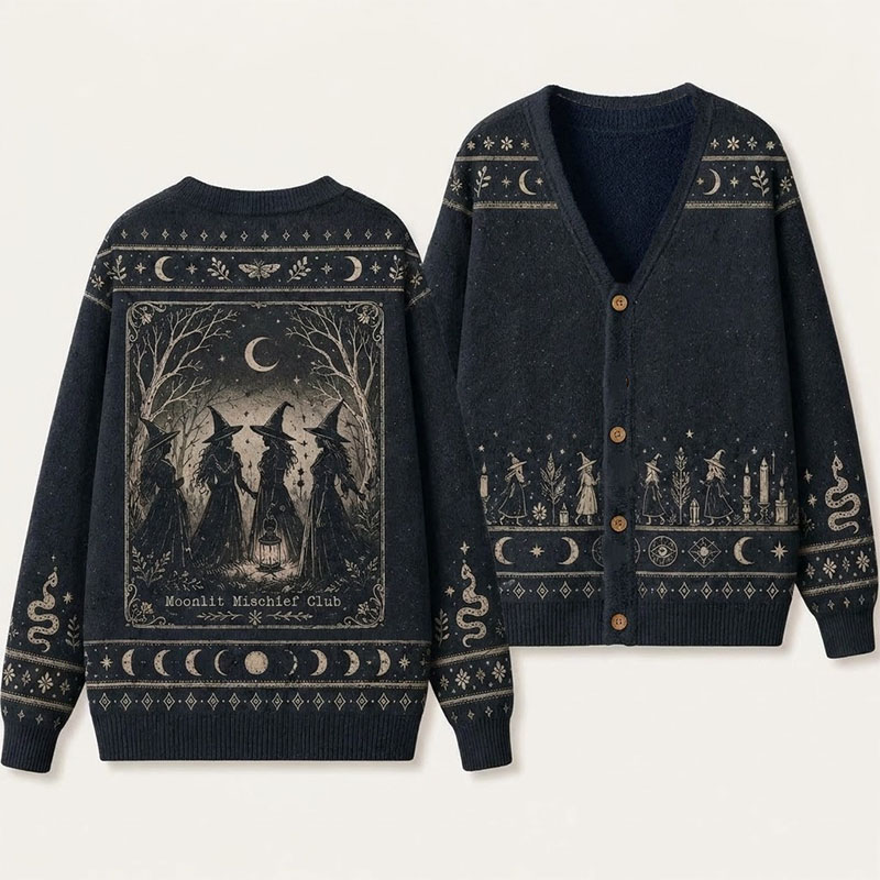 The Forest Witch Beneath The Crescent Moon Teacher Ugly Cardigan Sweaters