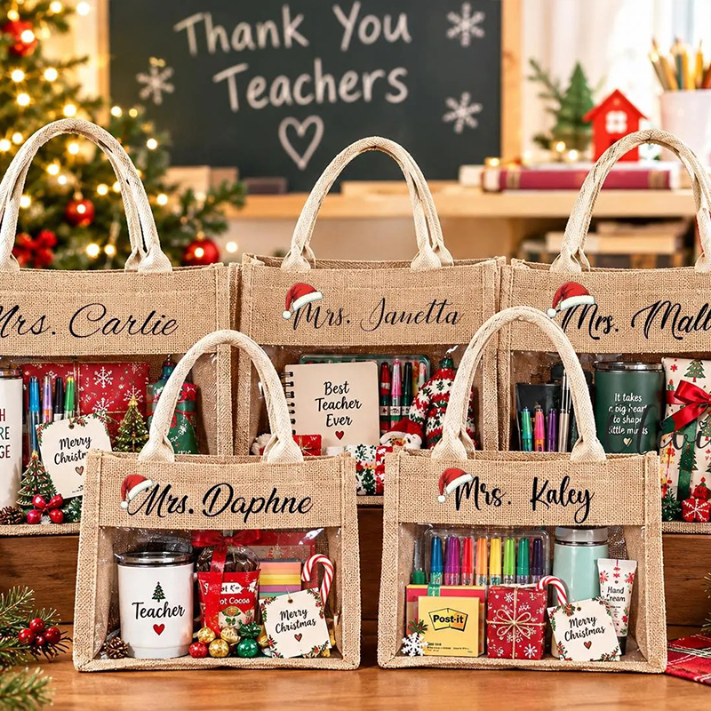 Personalized Name Christmas Vibes Clear Window Burlap Teacher Tote Bag