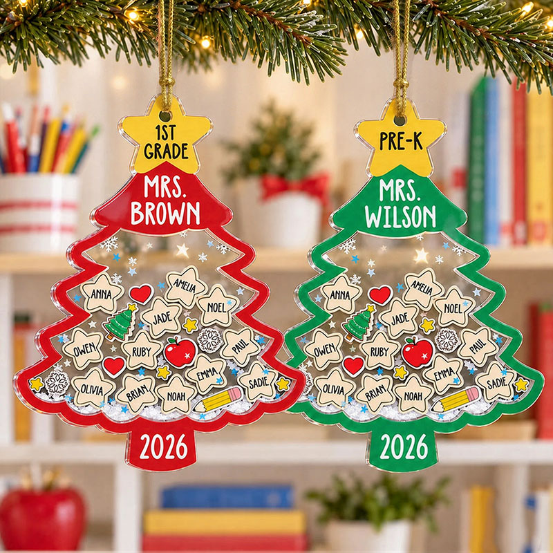 Personalized Teacher Christmas Tree Shaker Ornament