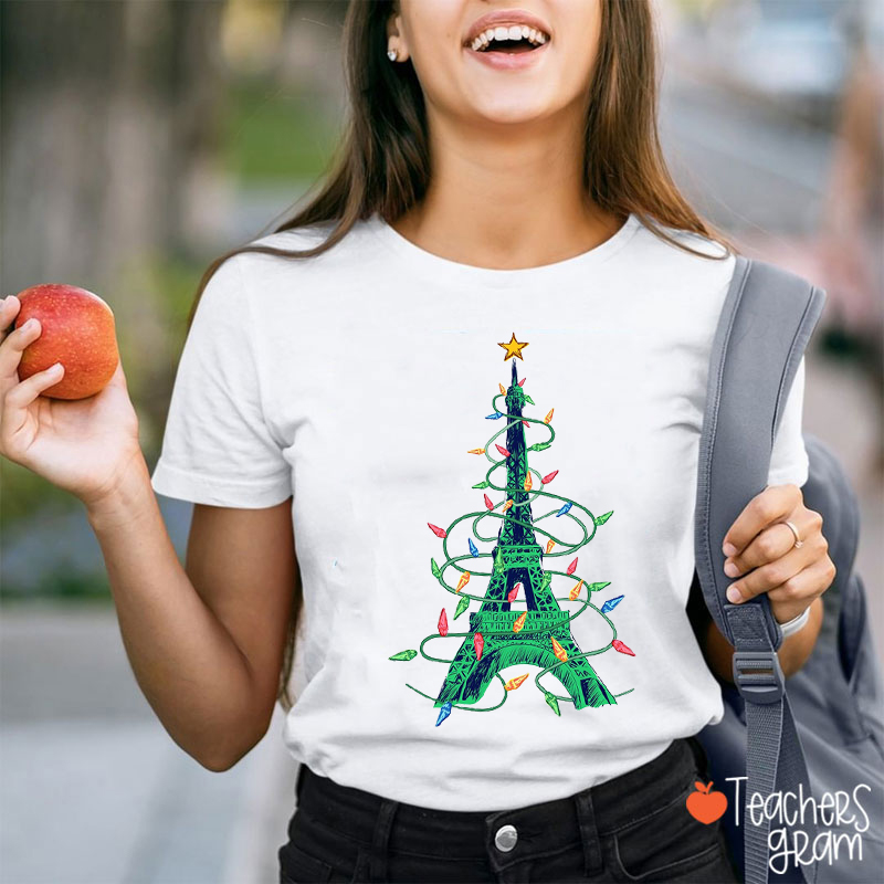 Eiffel Tower Wrapped In Christmas Lights French Teacher T-Shirt