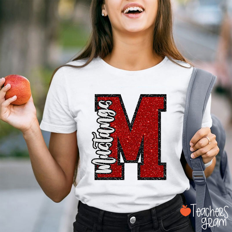 Personalized Mascot Glitter Varsity Letter Teacher T-Shirt