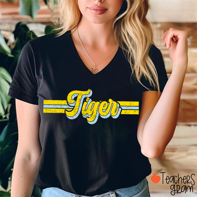 Personalized Mascot Contrast Color Line Teacher Female V-Neck T-Shirt