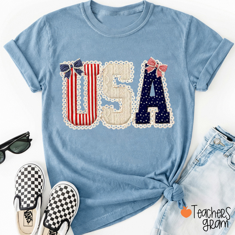 USA Faux Patchwork Lace Teacher T-Shirt