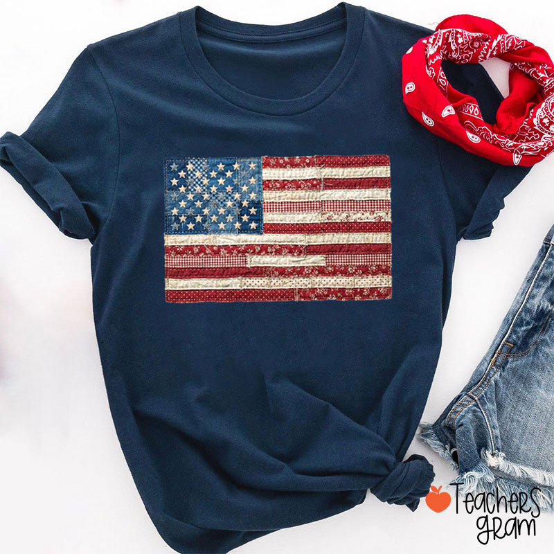 Faux Patchwork Retro American Flag Teacher T-Shirt