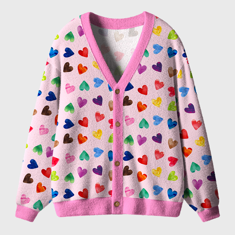 Colorful Hearts Valentine's Day Teacher Ugly Cardigan Sweaters