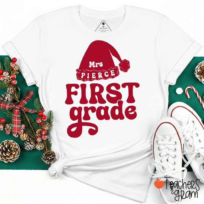 Personalized Name And Grade Santa Hat Teacher T-Shirt