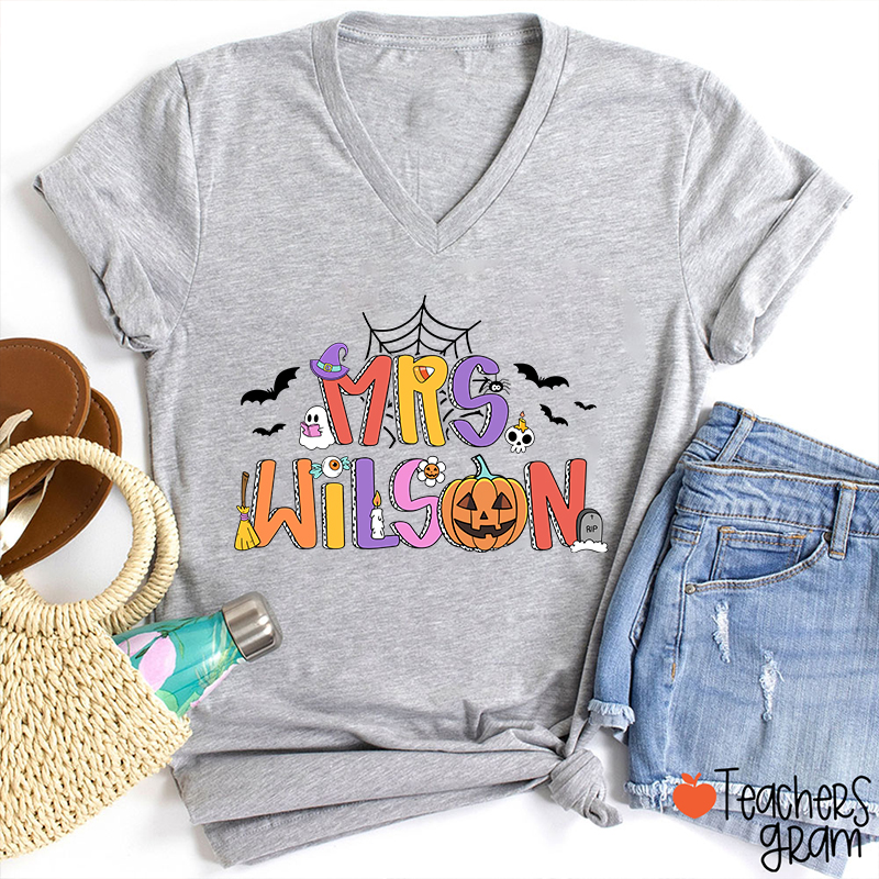 Personalized Name Spider Web Ghost Pumpkin Teacher Female V-Neck T-Shirt