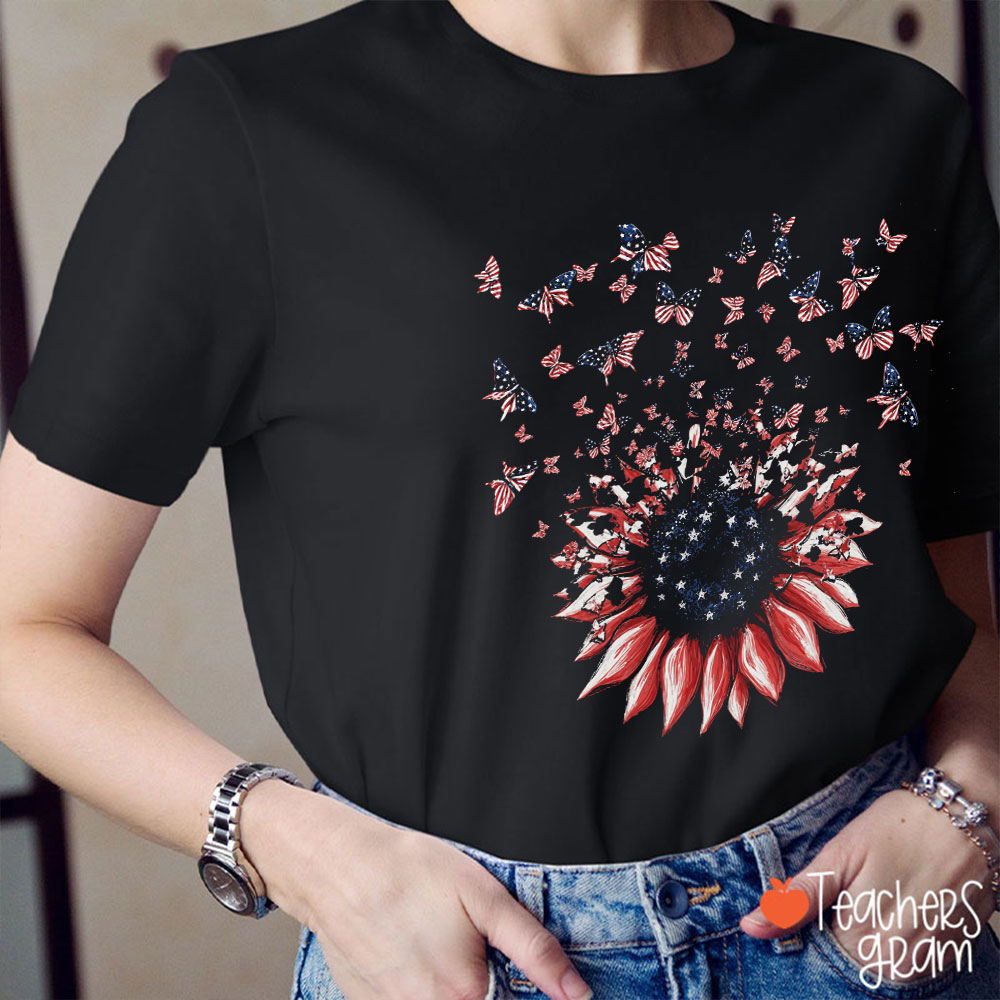 Butterflies American Sunflower Teacher T-Shirt