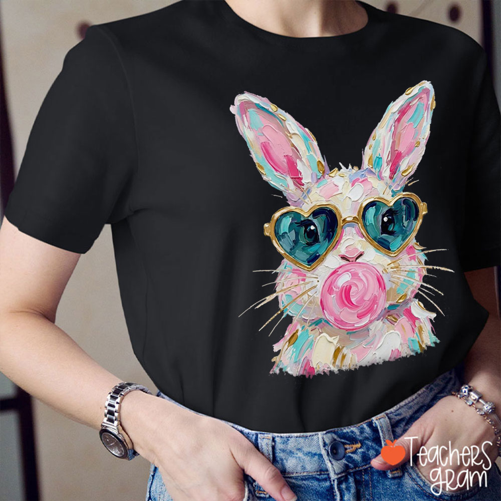 Oil Painting Style Bunny Blowing Bubble Teacher T-Shirt
