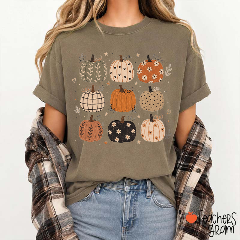 Fall Floral Pumpkin Grid Teacher T‑Shirt