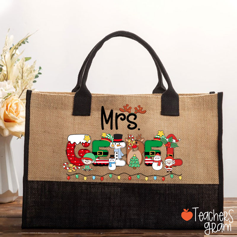 Personalized Name Christmas Lights Teacher Cotton Tote Bag