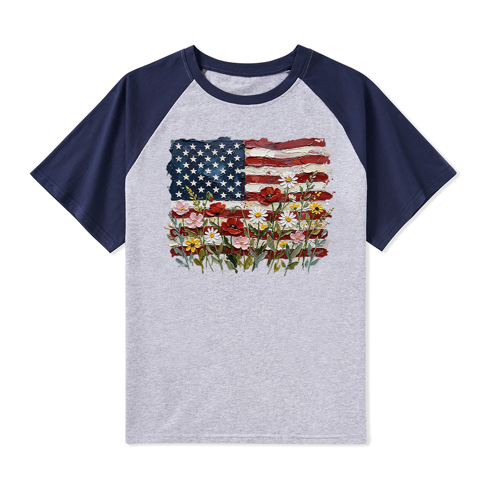 American Flag Floral Teacher Raglan T-Shirt