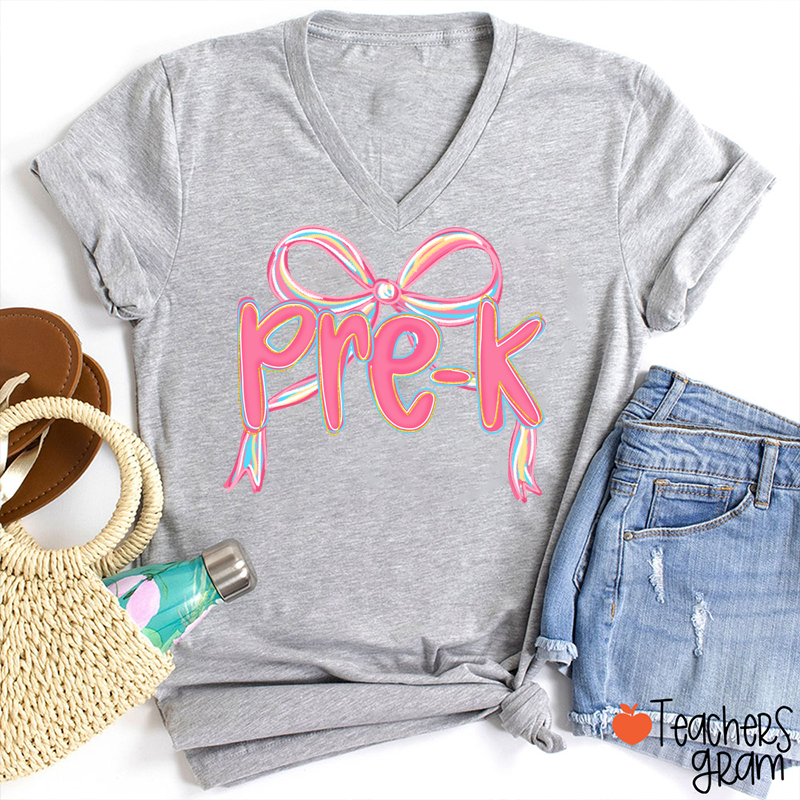 Personalized Grade Pink Bow Teacher Female V-Neck T-Shirt