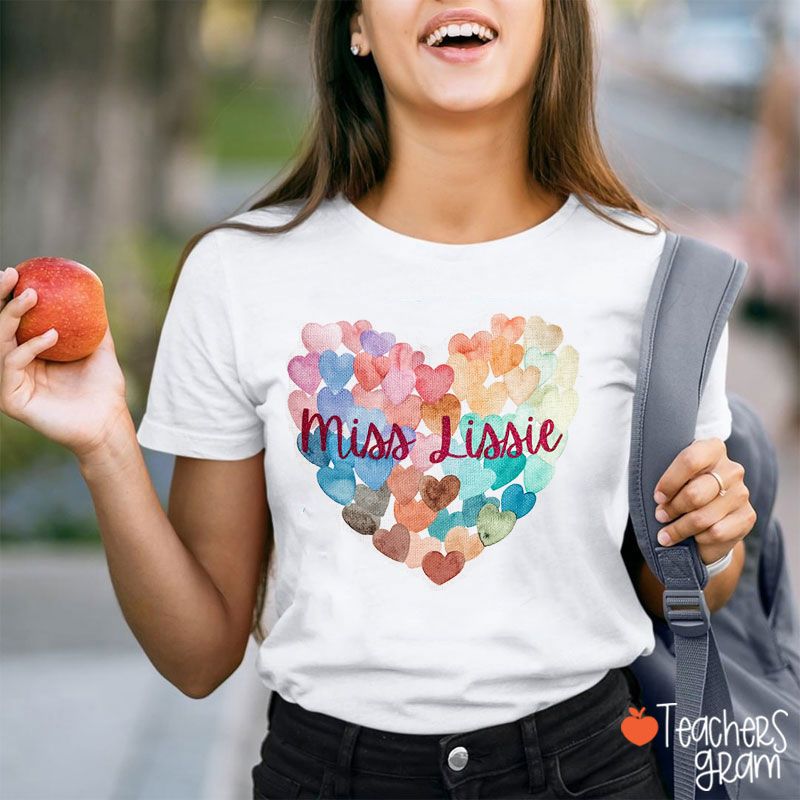 Personalized Name Watercolor Hearts Teacher T-Shirt