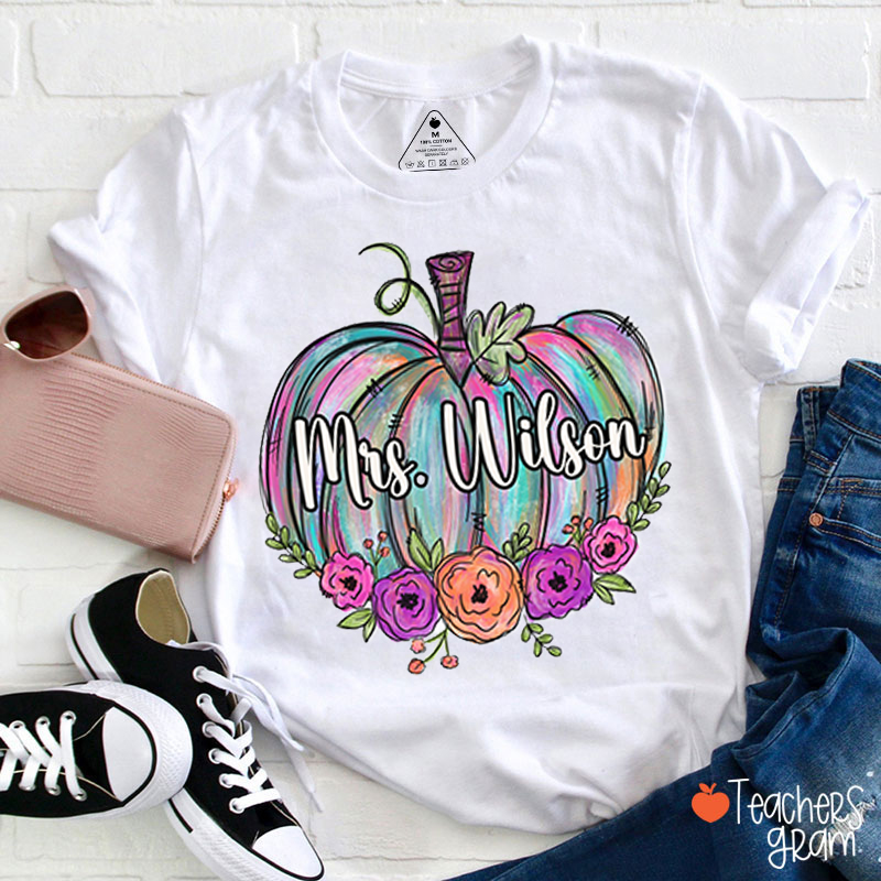 Personalized Name Colorful Pumpkins Teacher T-Shirt